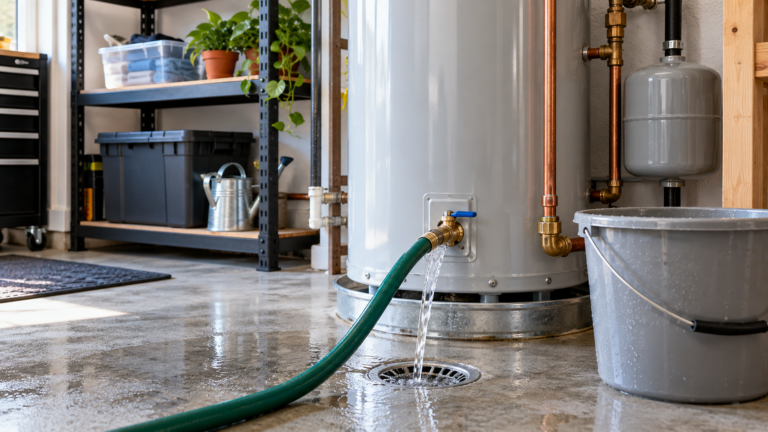 Water Heater Drainage in a Tidy Garage